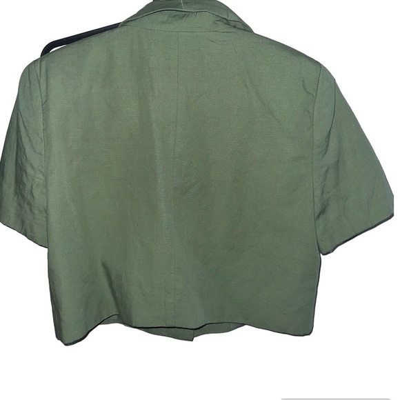 Maison D' Amelie Short Sleeve Linen Cropped Padded Blazer Top Green Size Medium - Picture 4 of 8